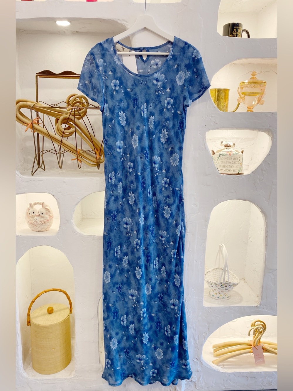 90s 2000s Vintage Blue Floral Mesh Maxi Dress with Short Sleeves & Built In Slip